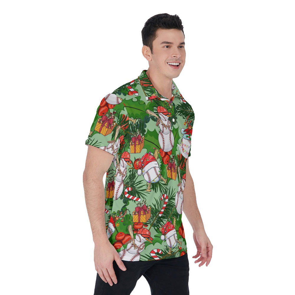 Funny Baseball Snowman Tropical Christmas Hawaiian Polo Shirt For Men