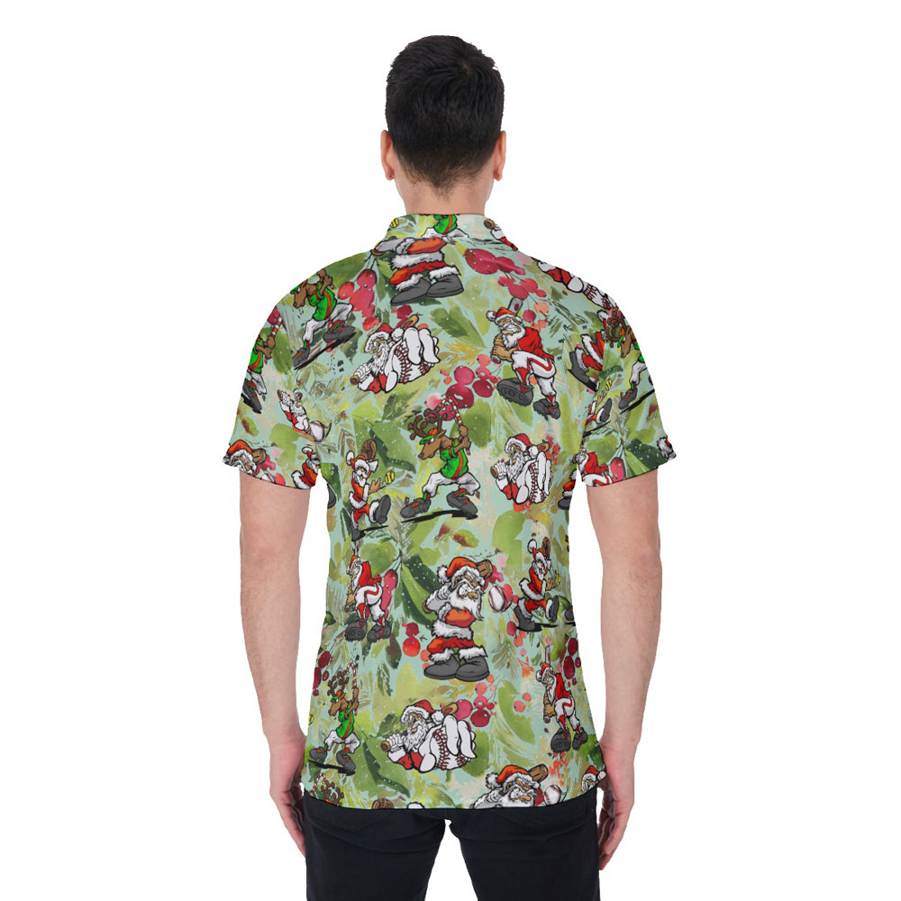 Santa Claus Playing Baseball Tropical Green Christmas Hawaiian Polo Shirt