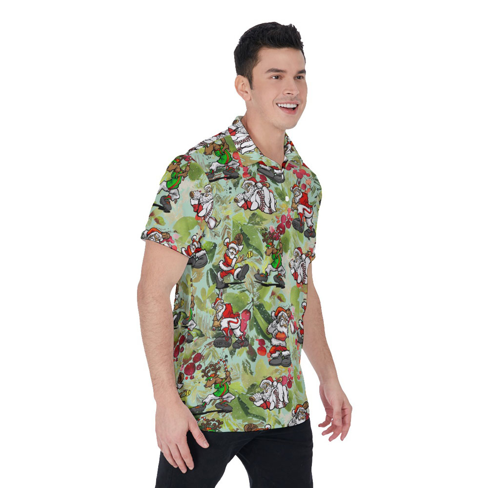 Santa Claus Playing Baseball Tropical Green Christmas Hawaiian Polo Shirt