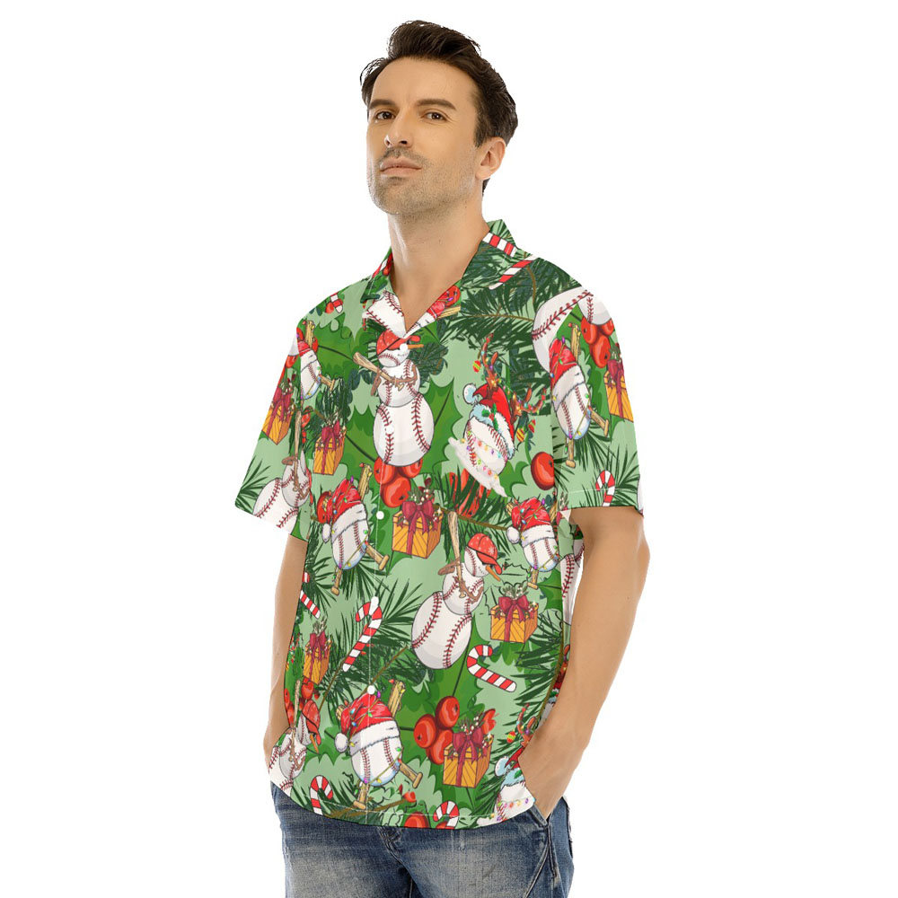 Christmas Baseball Snowman Tropical Green Men's Hawaiian Shirt