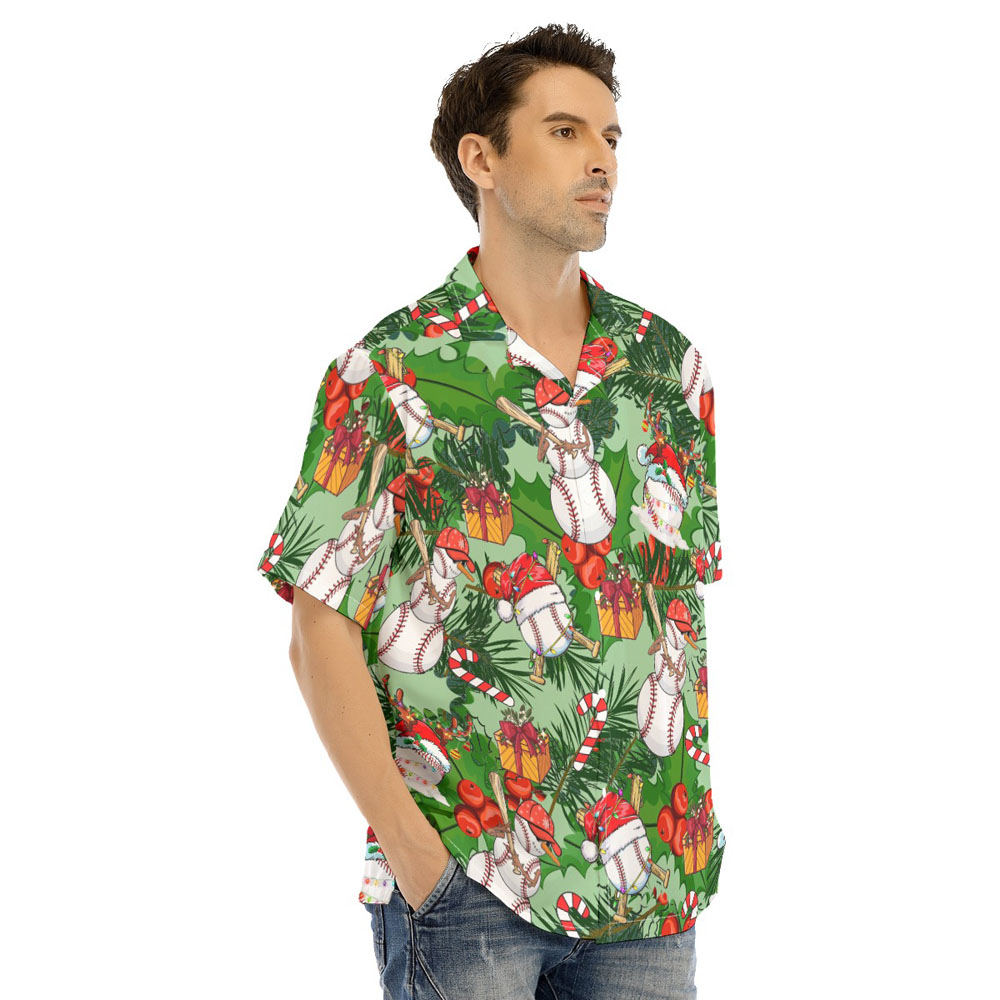 Christmas Baseball Snowman Tropical Green Men's Hawaiian Shirt