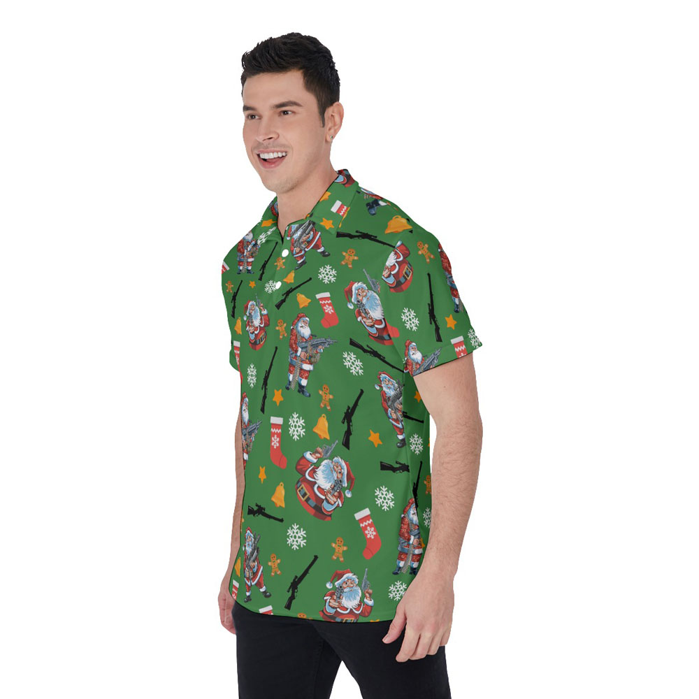Cool Tactical Santa With Gun Christmas Hawaiian Polo Shirt For Men