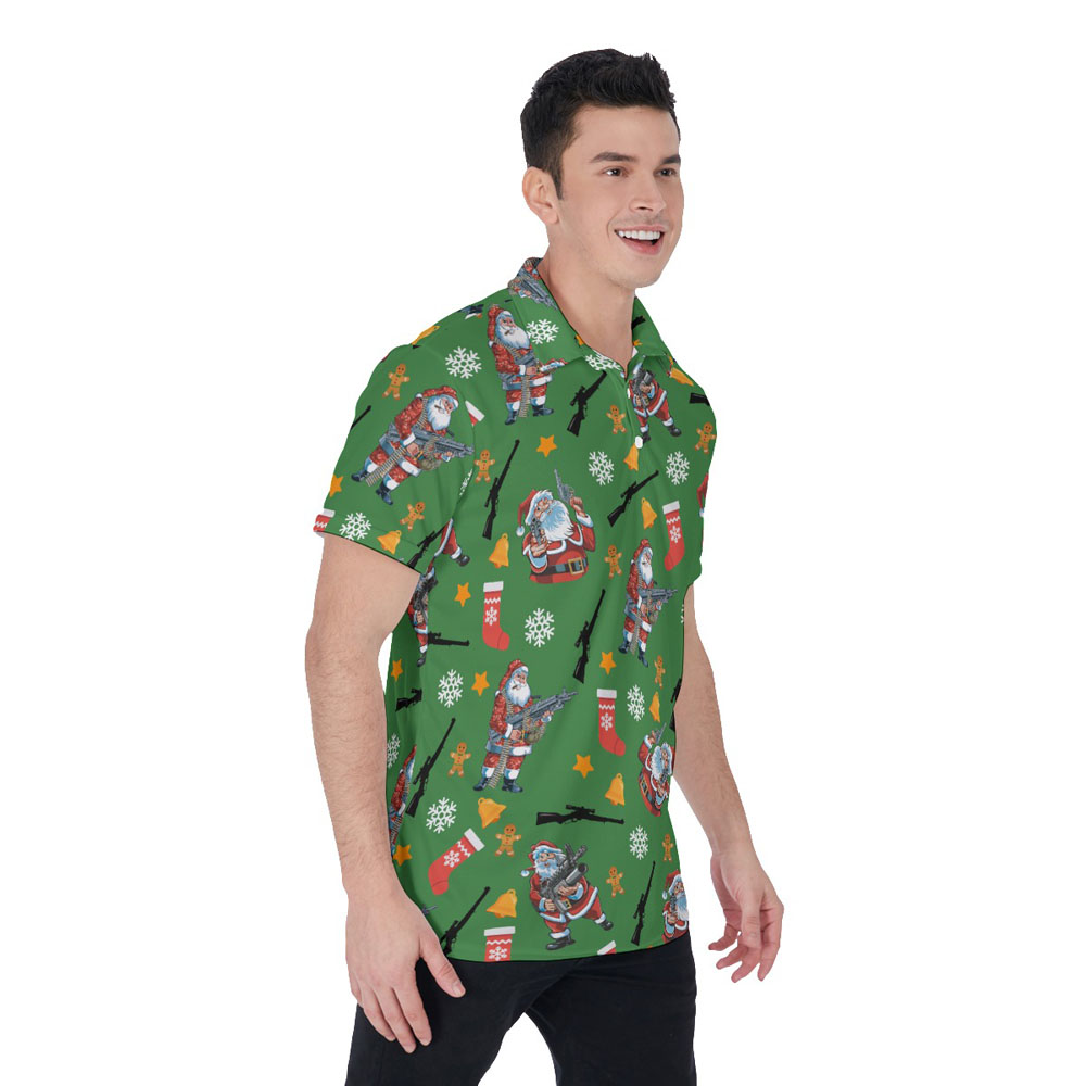 Cool Tactical Santa With Gun Christmas Hawaiian Polo Shirt For Men