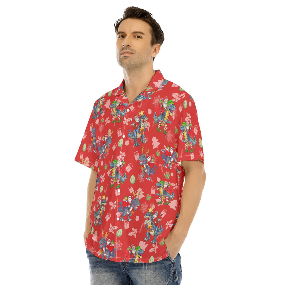 Funny Santa Riding Dinosaur Christmas Hawaiian Shirt For Men