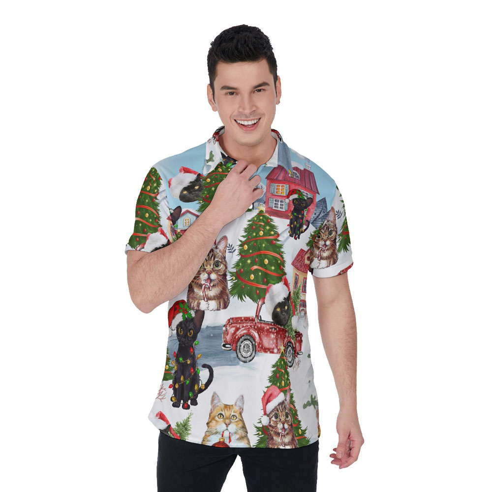 Cute Christmas Cat Hawaiian Polo Golf Shirt For Men - variant image 1
