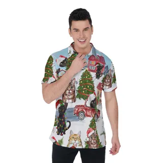 Cute Christmas Cat Hawaiian Polo Golf Shirt For Men