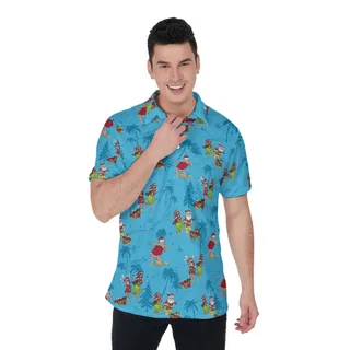 Vintage Hula Santa Claus Blue Christmas Hawaiian Polo Shirt