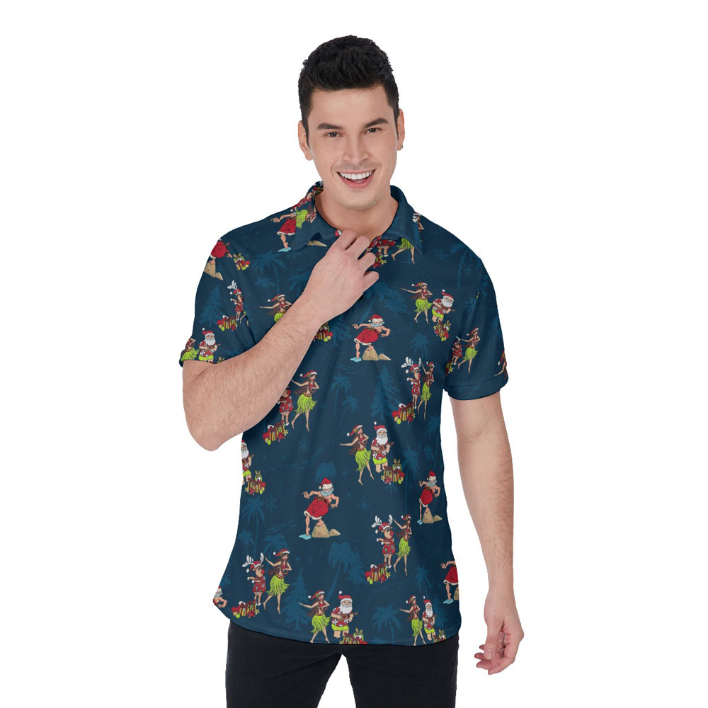 Funny Hula Santa Claus Tropical Navy Hawaiian Polo Shirt For Men - variant image 1