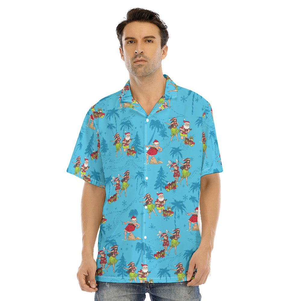 Funny Santa Hula Meke Kalikimaka Blue Hawaiian Shirt - variant image 1