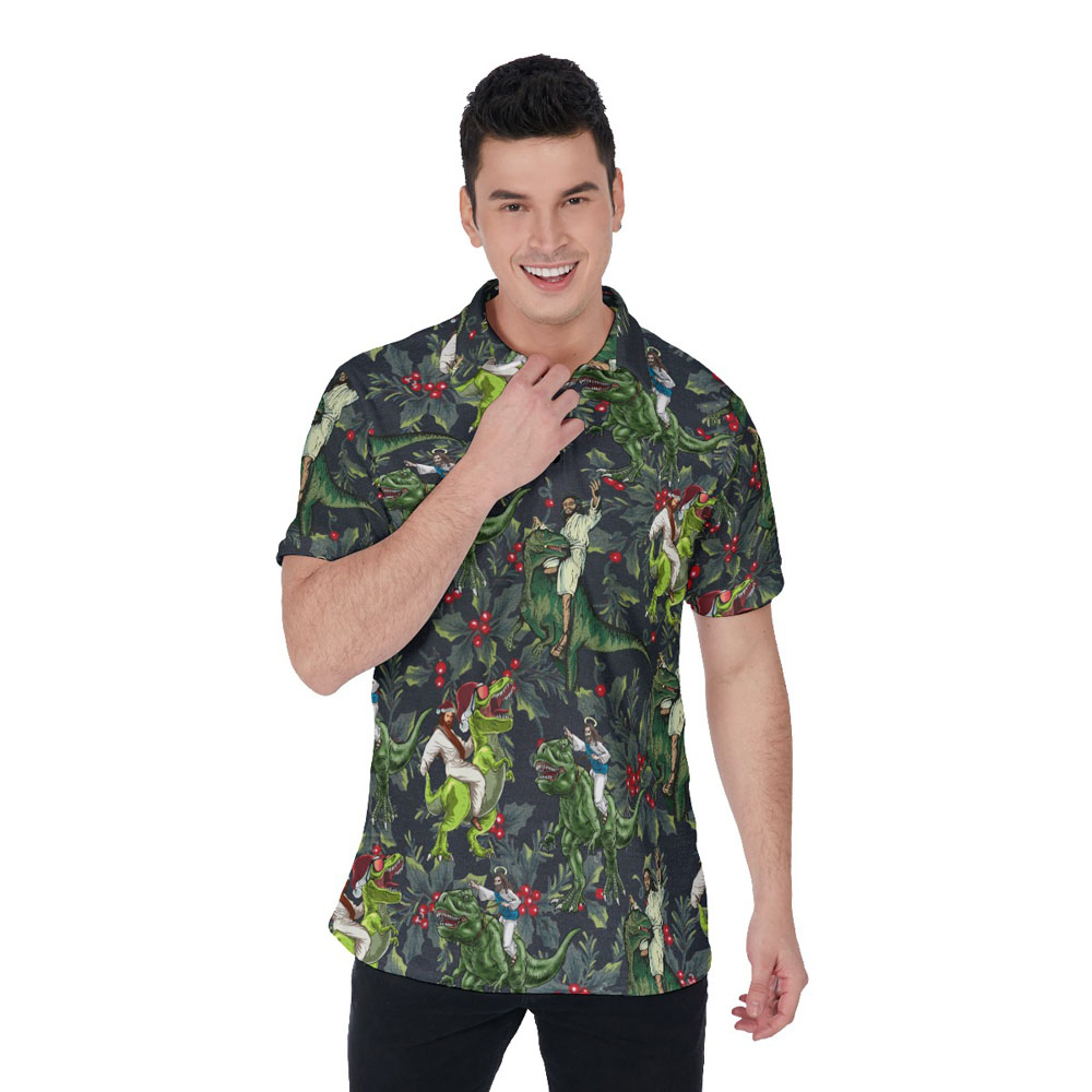 Funny Jesus Riding Dinosaur Tropical Christmas Hawaiian Polo Shirt - variant image 1
