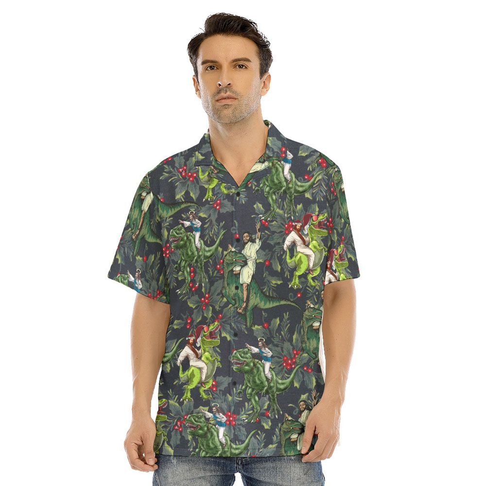Funny Jesus Riding Dinosaur Christmas Hawaiian Shirt - variant image 1