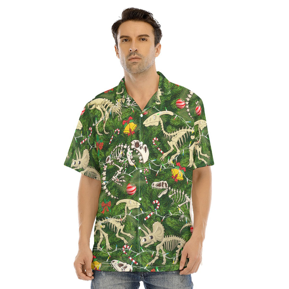 Christmas Dinosaur Skeleton Green Hawaiian Shirt - variant image 1