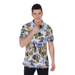 Funny Reindeer Skiing Christmas Hawaiian Polo Shirt For Men