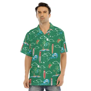 Vintage Christmas Surfing Board Green Hawaiian Shirt