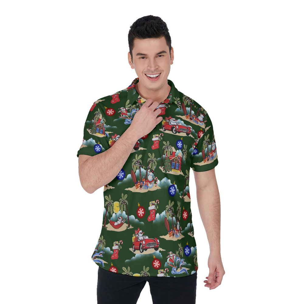 Funny Christmas Santa And Snowman On Beach Hawaiian Polo Shirt - variant image 1