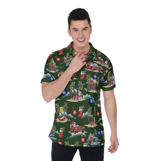 Funny Christmas Santa And Snowman On Beach Hawaiian Polo Shirt