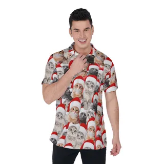 Cute Christmas Cat Hawaiian Polo Shirt For Men