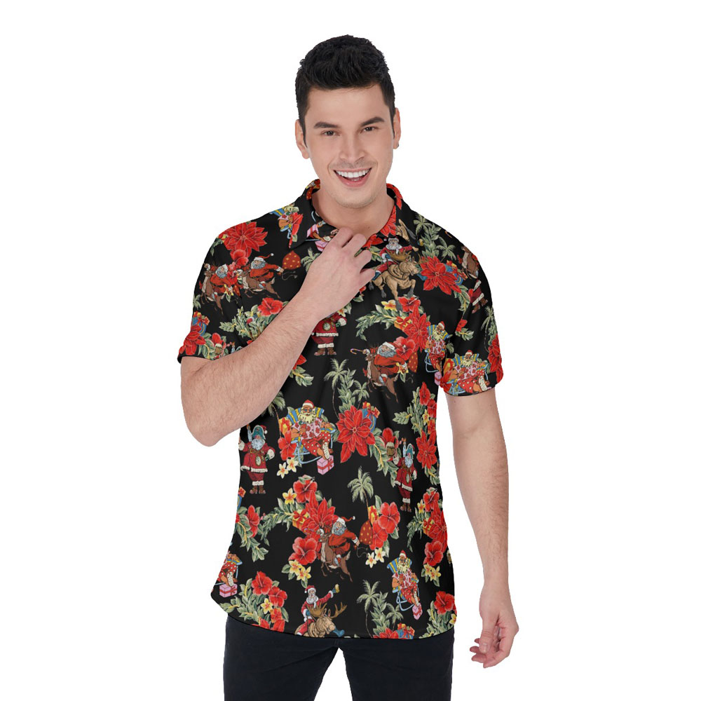 Vintage Christmas Santa Claus Red Poinsettia Hawaiian Polo Shirt - variant image 1