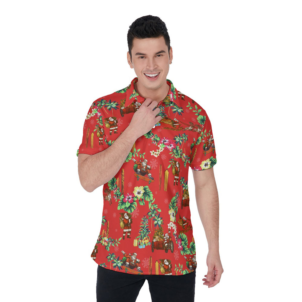 Vintage Christmas Santa Claus Floral Hawaiian Polo Shirt For Men - variant image 1