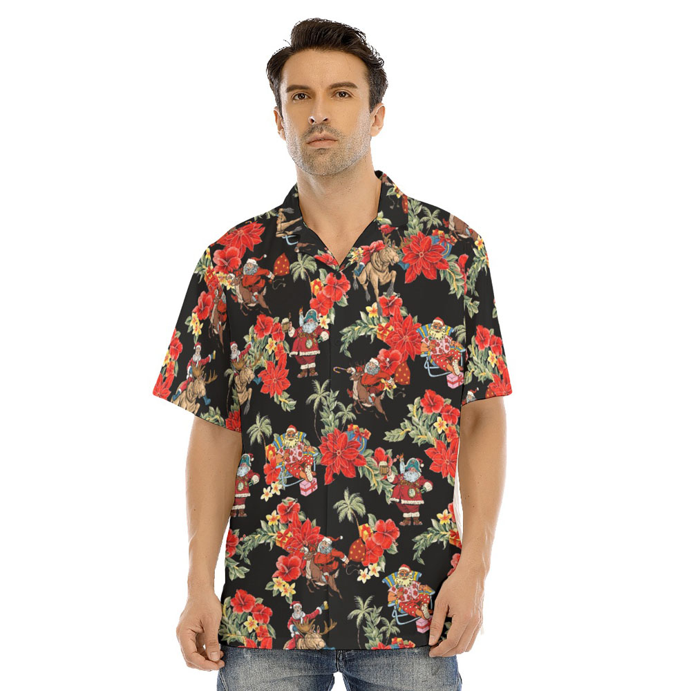 Poinsettia Vintage Santa Claus Christmas Hawaiian Shirt - variant image 1