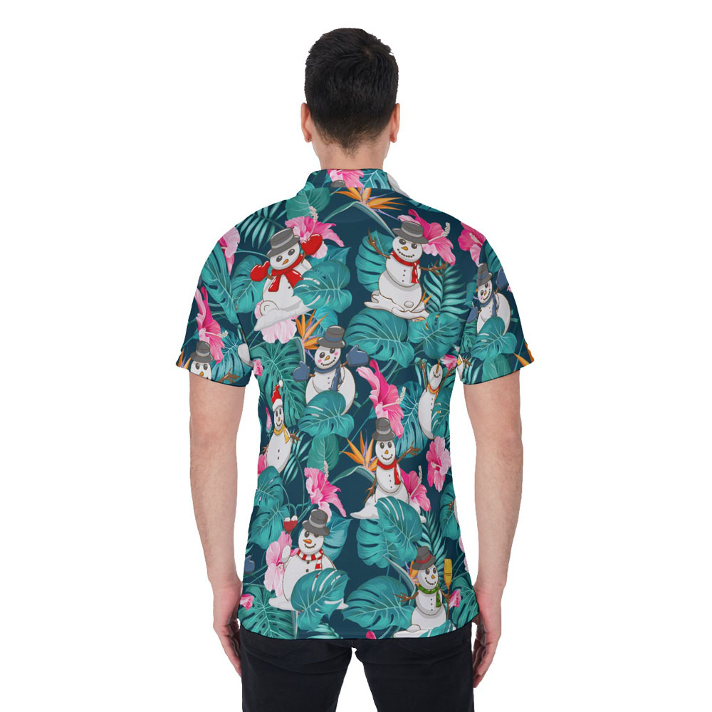 Cute Snowman Christmas Floral Hawaiian Polo Shirt For Men