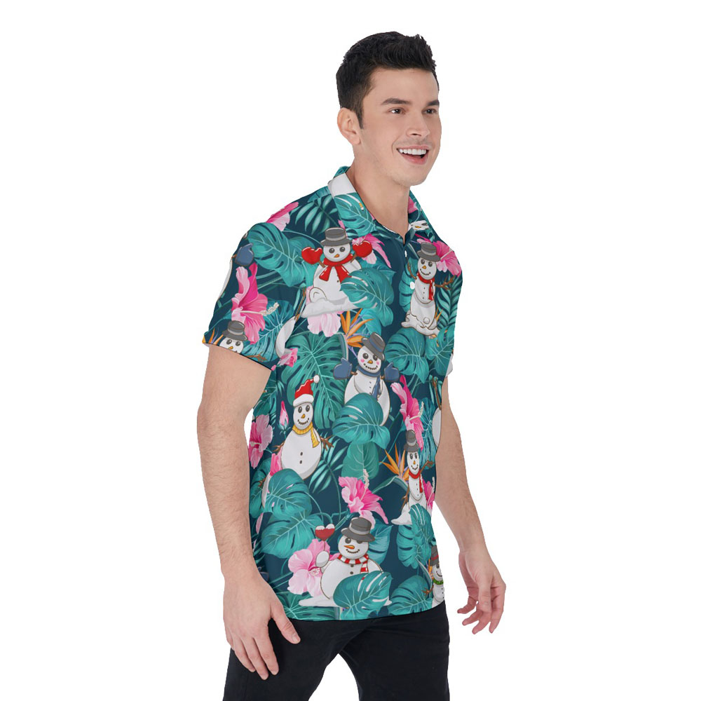 Cute Snowman Christmas Floral Hawaiian Polo Shirt For Men