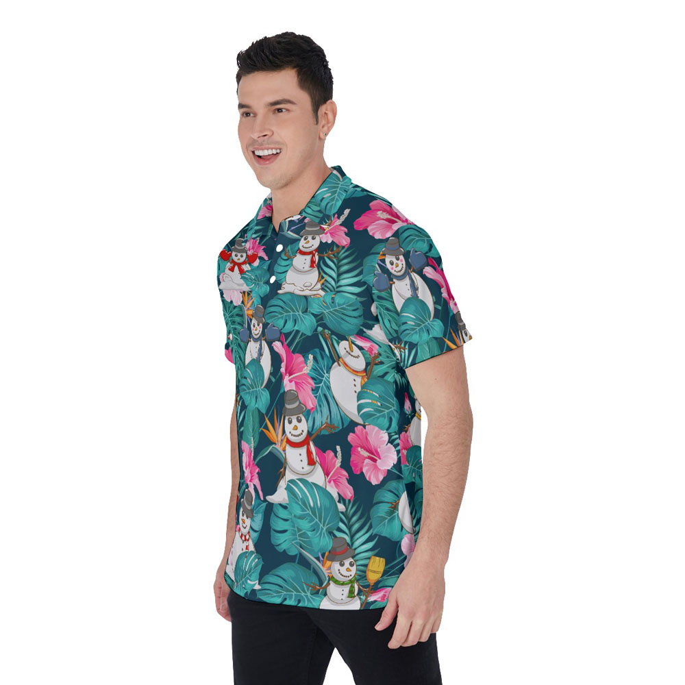 Cute Snowman Christmas Floral Hawaiian Polo Shirt For Men