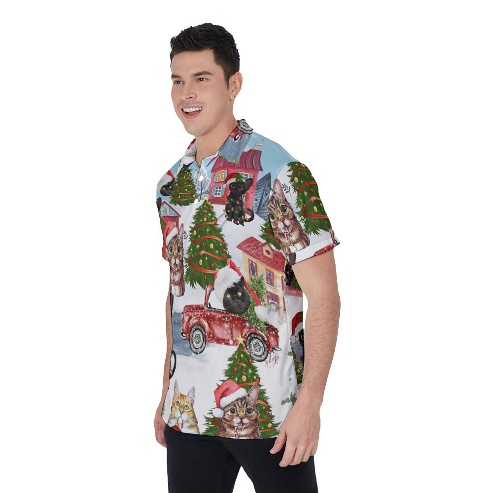Cute Christmas Cat Hawaiian Polo Golf Shirt For Men