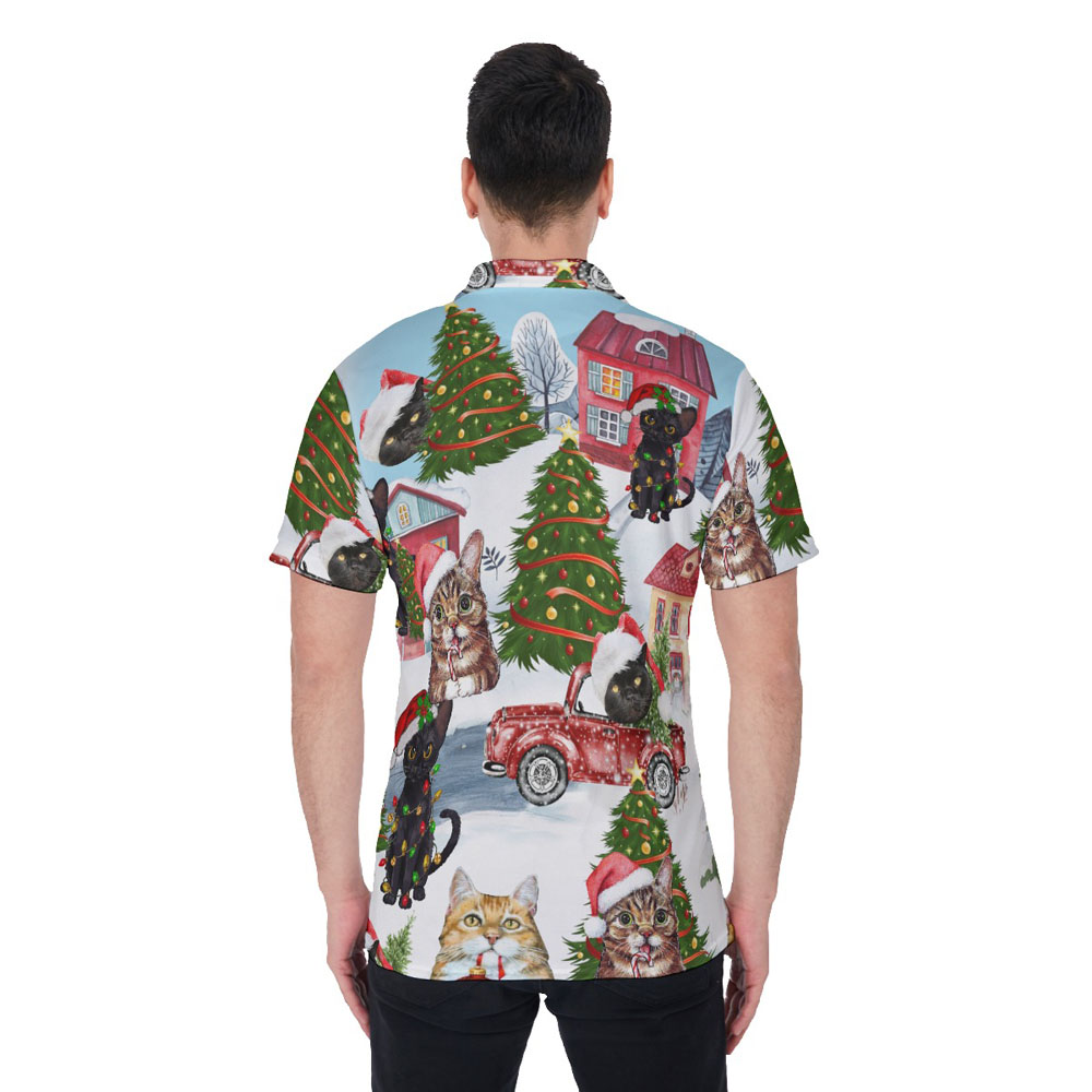 Cute Christmas Cat Hawaiian Polo Golf Shirt For Men