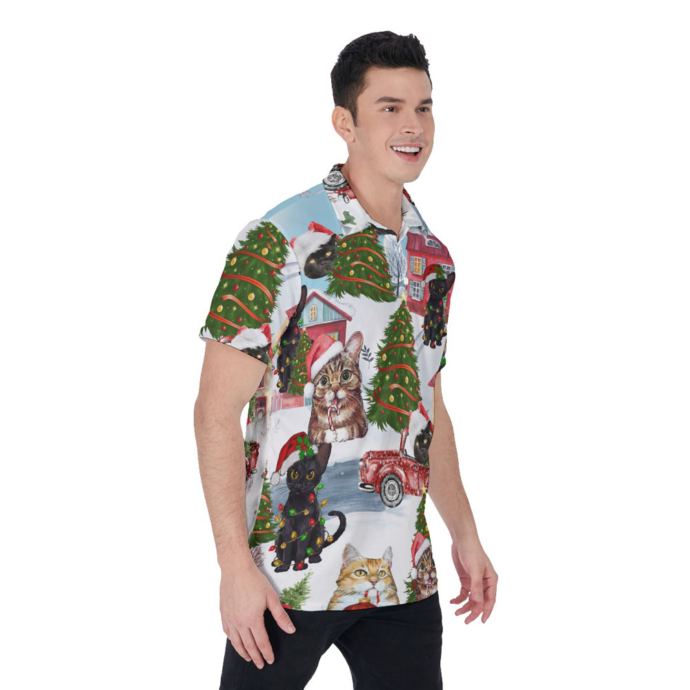 Cute Christmas Cat Hawaiian Polo Golf Shirt For Men