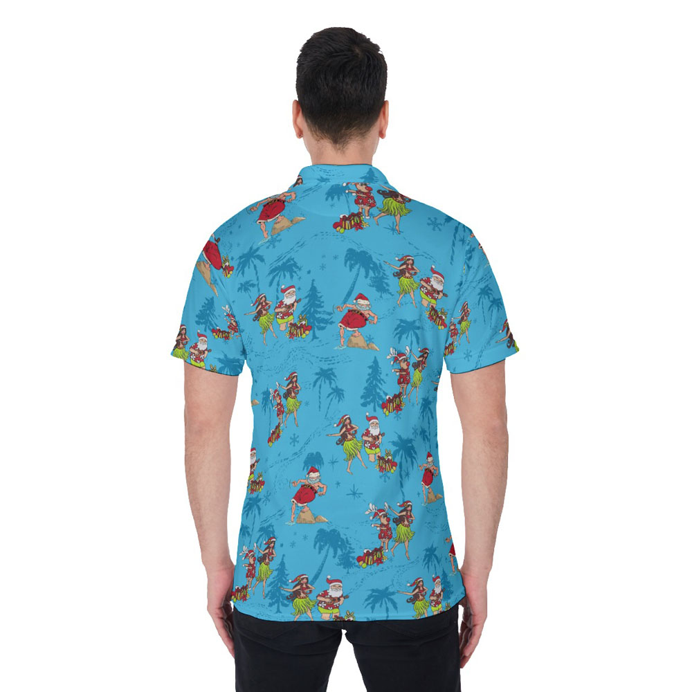 Vintage Hula Santa Claus Blue Christmas Hawaiian Polo Shirt