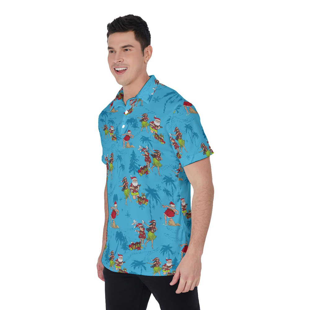 Vintage Hula Santa Claus Blue Christmas Hawaiian Polo Shirt