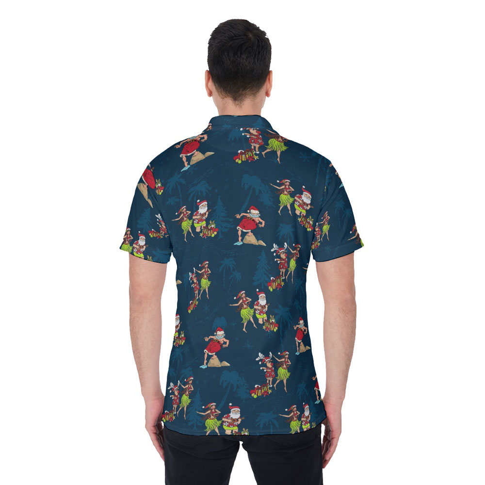 Funny Hula Santa Claus Tropical Navy Hawaiian Polo Shirt For Men