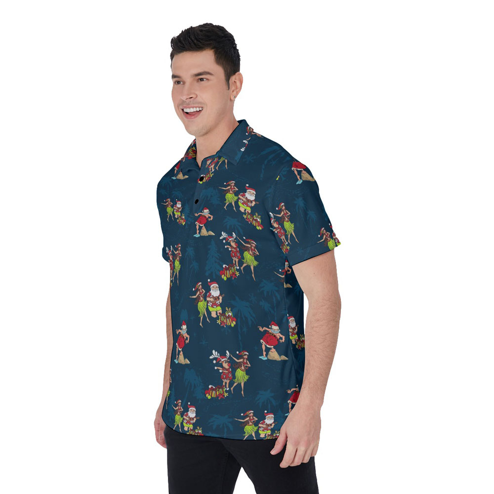 Funny Hula Santa Claus Tropical Navy Hawaiian Polo Shirt For Men