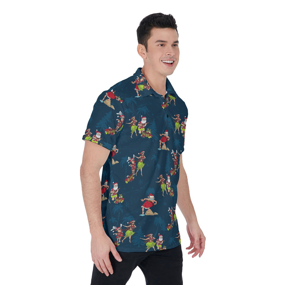 Funny Hula Santa Claus Tropical Navy Hawaiian Polo Shirt For Men