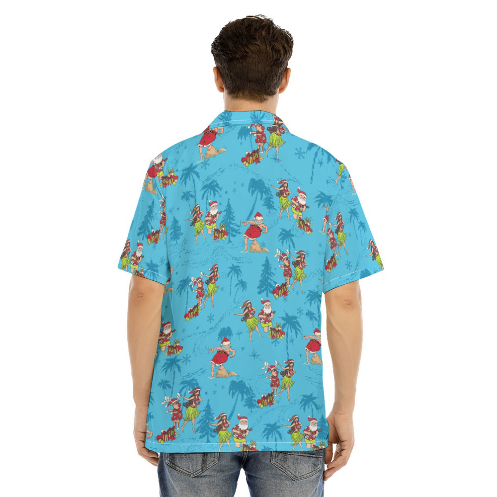 Funny Santa Hula Meke Kalikimaka Blue Hawaiian Shirt