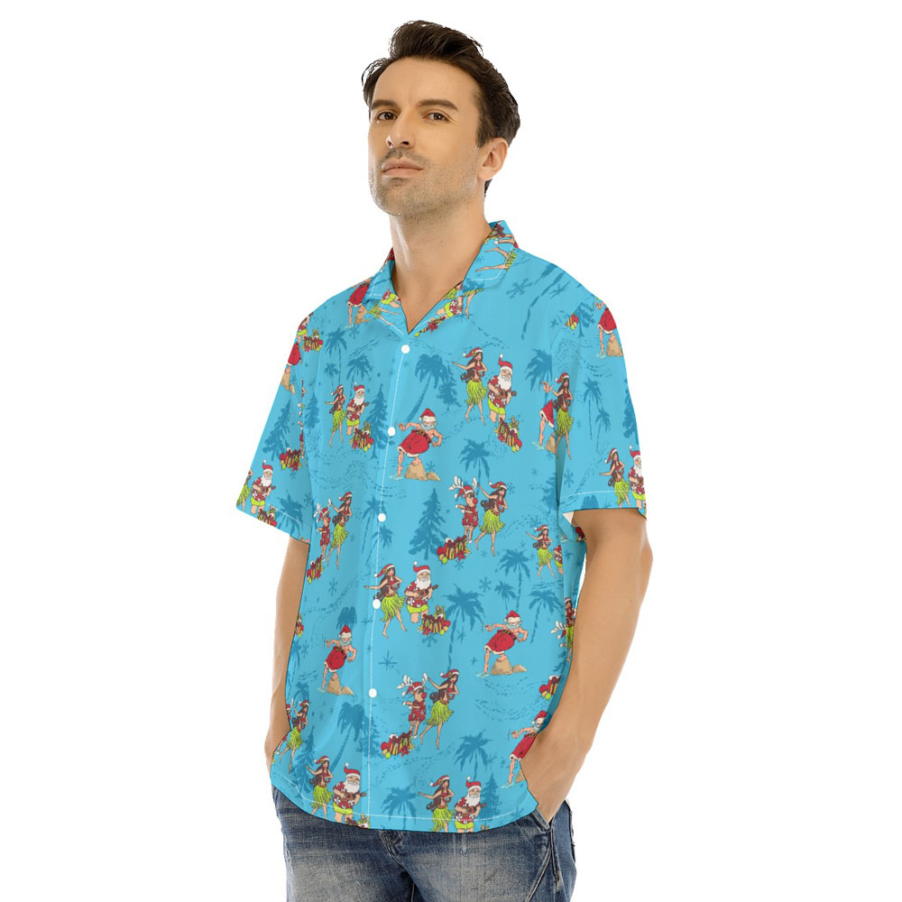 Funny Santa Hula Meke Kalikimaka Blue Hawaiian Shirt