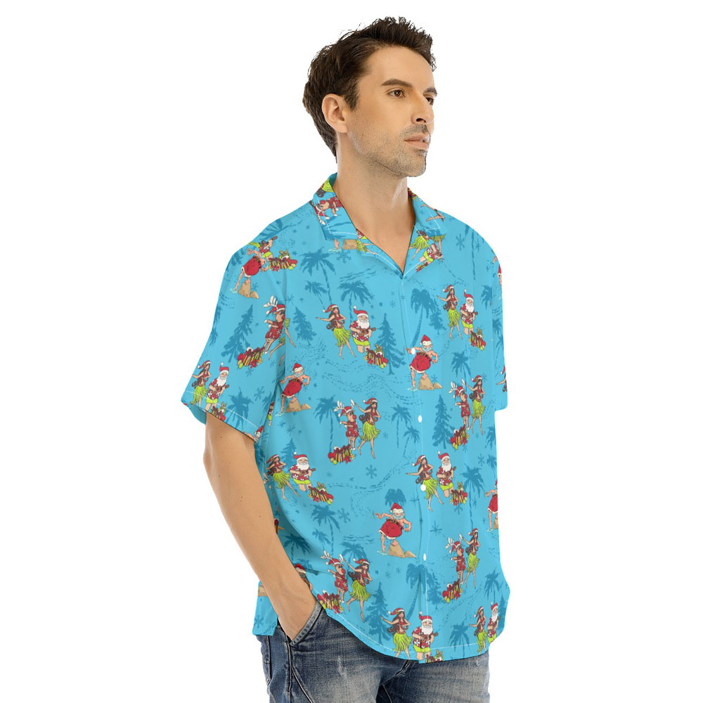 Funny Santa Hula Meke Kalikimaka Blue Hawaiian Shirt