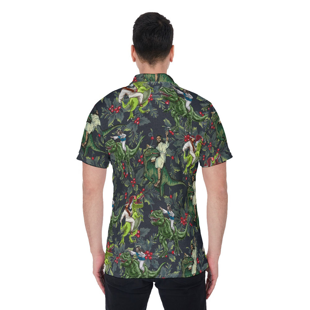Funny Jesus Riding Dinosaur Tropical Christmas Hawaiian Polo Shirt