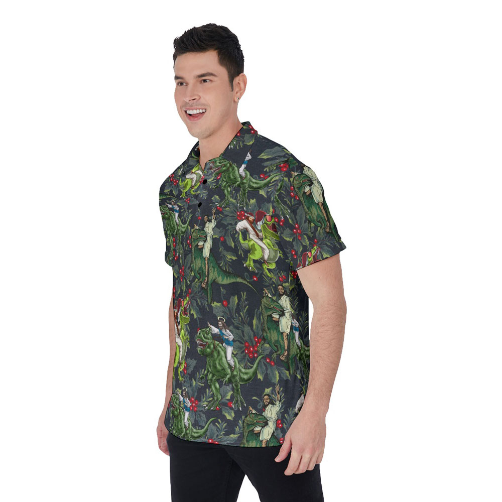 Funny Jesus Riding Dinosaur Tropical Christmas Hawaiian Polo Shirt