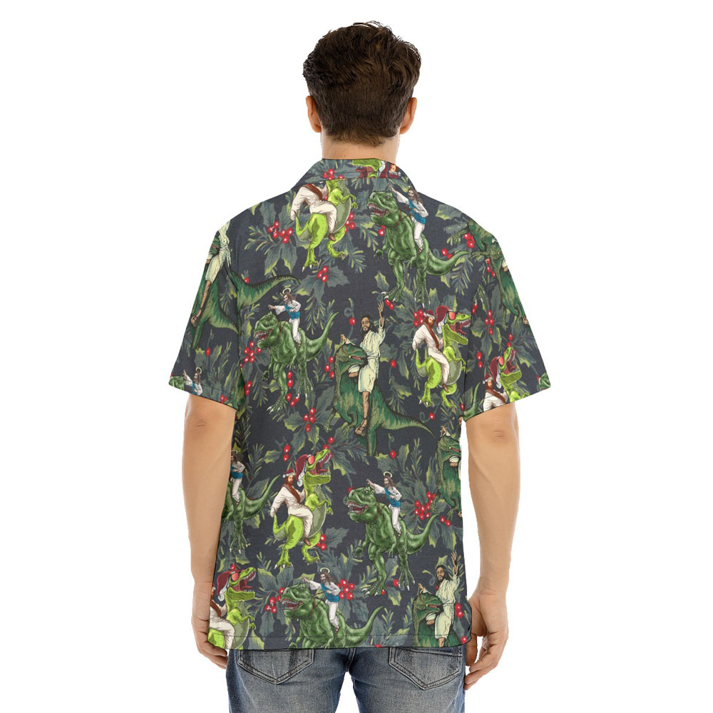 Funny Jesus Riding Dinosaur Christmas Hawaiian Shirt