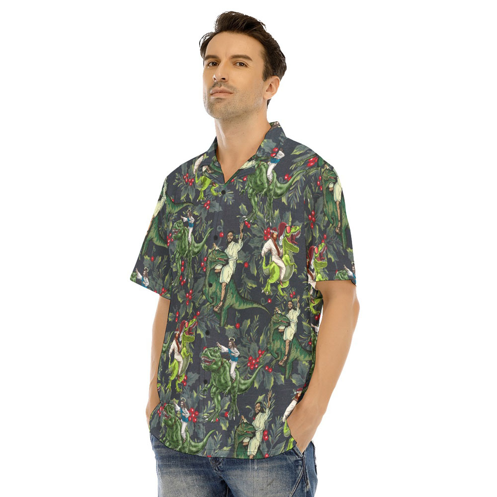 Funny Jesus Riding Dinosaur Christmas Hawaiian Shirt
