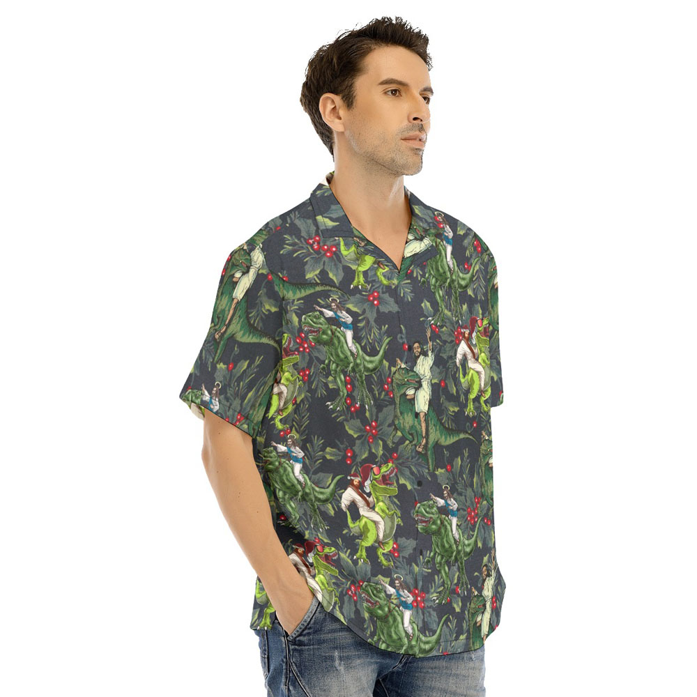 Funny Jesus Riding Dinosaur Christmas Hawaiian Shirt