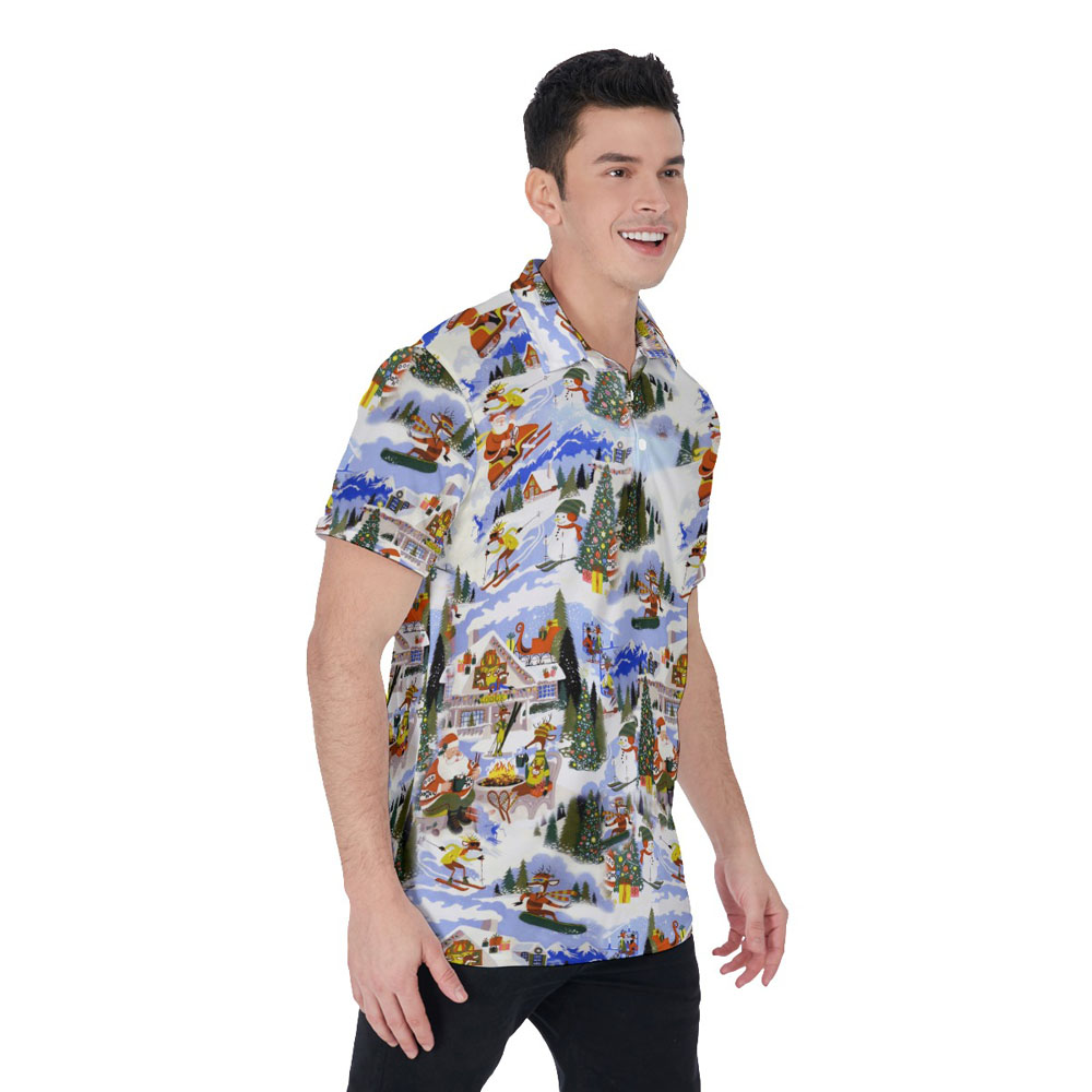 Funny Reindeer Skiing Christmas Hawaiian Polo Shirt For Men