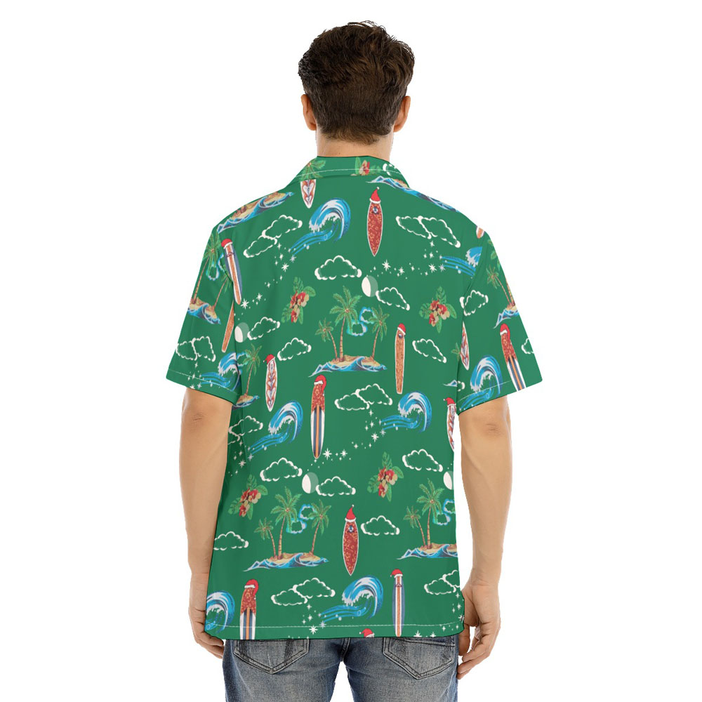 Vintage Christmas Surfing Board Green Hawaiian Shirt