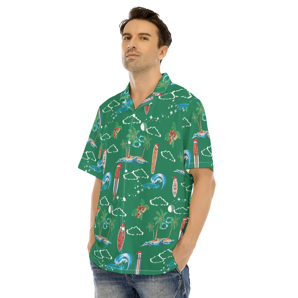 Vintage Christmas Surfing Board Green Hawaiian Shirt