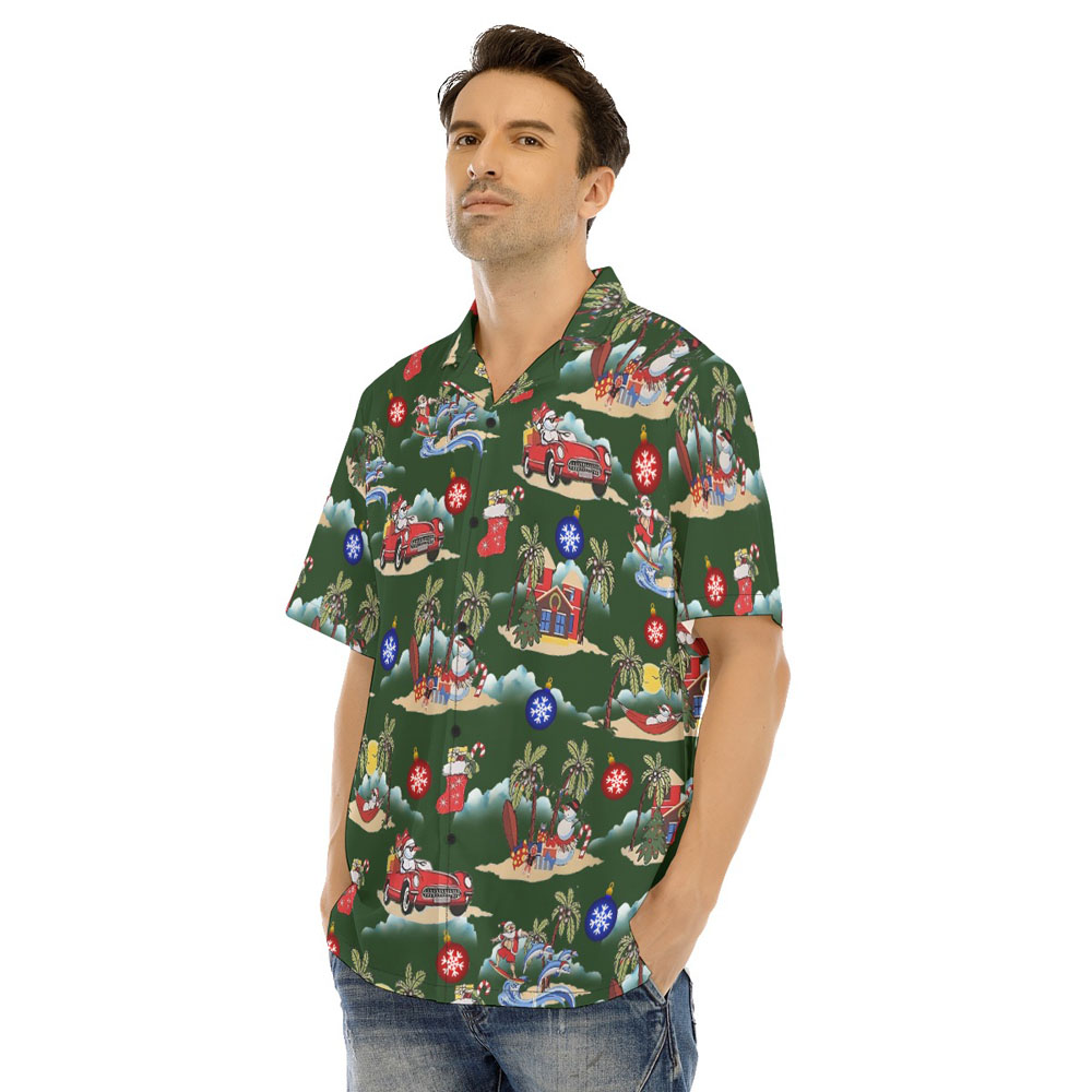 Funny Snowman On Beach Christmas Green Men's Hawaiian Shirt