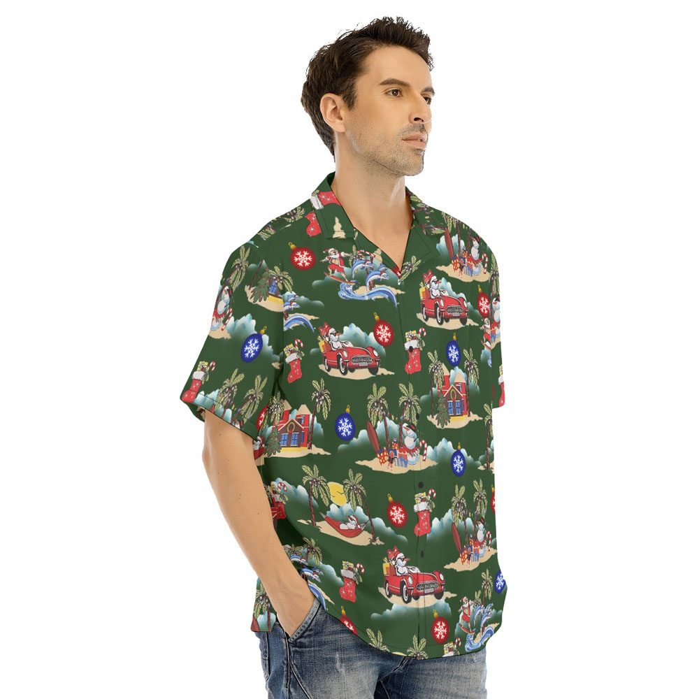 Funny Snowman On Beach Christmas Green Men's Hawaiian Shirt
