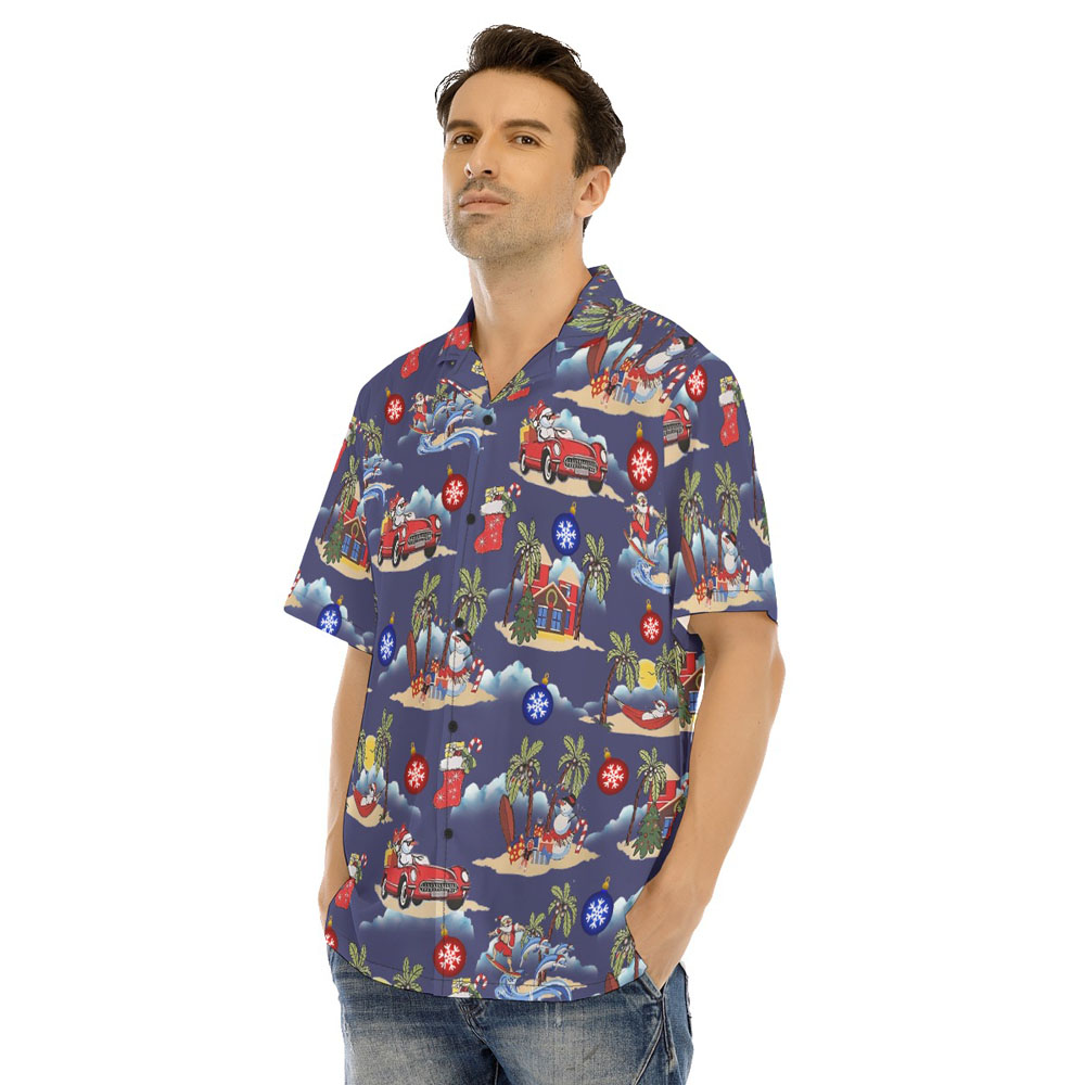 Christmas Snowman On Beach Vintage Navy Hawaiian Shirt
