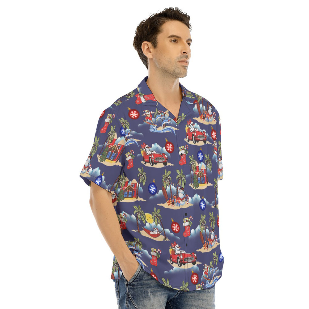 Christmas Snowman On Beach Vintage Navy Hawaiian Shirt